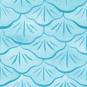 Large Watercolor Monochrome Turquoise Blue Mermaid Fish Scales with Faux Glittery Stylised Lines