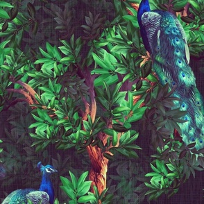 Luxe Arts and Crafts Leafy Moody Floral, Green and Blue Vintage Peacock Bird Paradise, Colorful Antiqued Painterly Birds, Historical Antique Woodland Animals, Botanical Blue Wildlife Woodland, Maximalist Botanical Interior Décor, Bold Maximalist, LARGE SC