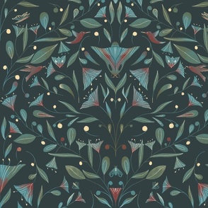 Gothic wallpaper Garden Biome with Hummingbirds Bees and Moths in Moody Cool Tones
