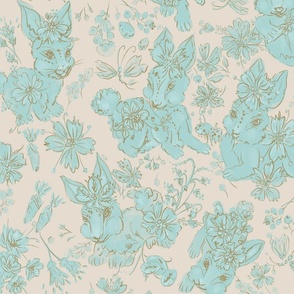 Easter Bunnies Playing Floral Motif- Baby Blue Bunnies- Natural