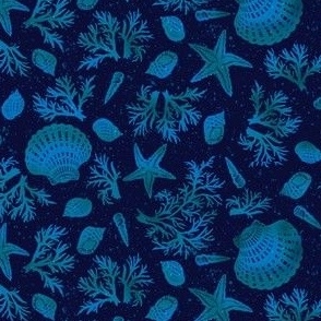 Boho Sea shells,  starfish and coral at Ocean Beach in on dark moody blue with dusky blue and teal perfect for my husband's board shorts, small scale