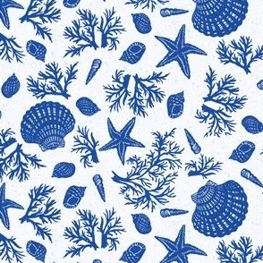 Boho Sea shells,  starfish and coral at Ocean Beach in delft blue hues, small scale fabric