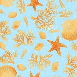 Boho Sea shells, starfish and coral at Ocean Beach in  summertime golden yellow on light blue textured background, small scale