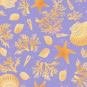 Sea shells,  starfish and coral at Ocean Beach in yellow, orange, pink and lilac, large scale