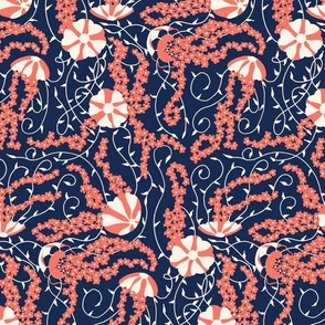 [Large] Floral Jellyfish // Coral, Cream, & Navy Blue