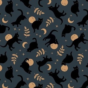 Full moon boho black cats - halloween midnight theme with stars and leaves golden caramel on blue slate gray 