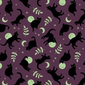 Full moon boho black cats - halloween midnight theme with stars and leaves lime green on purple 