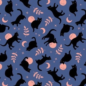 Full moon boho black cats - halloween midnight theme with stars and leaves pink blush on periwinkle blue 