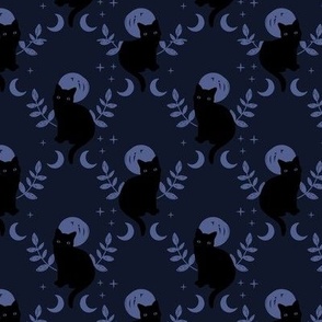 Ornate romantic boho black cats - halloween midnight theme with stars and leaves and full moon periwinkle on navy blue 