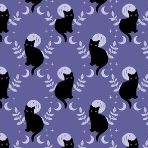 Ornate romantic boho black cats - halloween midnight theme with stars and leaves and full moon lilac purple 