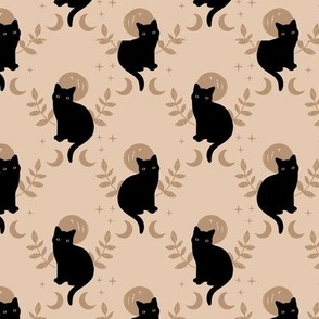 Ornate romantic boho black cats - halloween midnight theme with stars and leaves and full moon beige on warm sand 