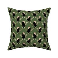 Ornate romantic boho black cats - halloween midnight theme with stars and leaves and full moon sand on olive green 