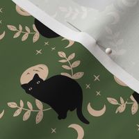 Ornate romantic boho black cats - halloween midnight theme with stars and leaves and full moon sand on olive green 