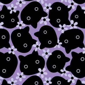 Retro kawaii cats - halloween black cat and flowers design lilac purple 
