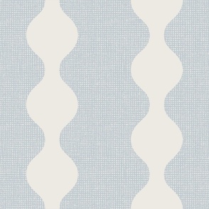 Light blue and white retro circle stripes on burlap crosshatch woven texture background