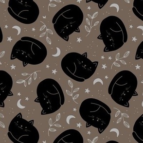 Cute halloween black cats boho style moon stars and leaves vintage gray on brown