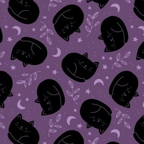 Cute halloween black cats boho style moon stars and leaves lilac on purple night