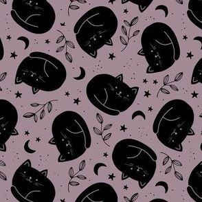 Cute halloween black cats boho style moon stars and leaves on vintage moody lilac