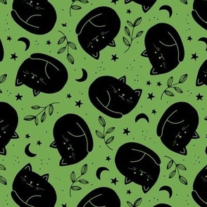 Cute halloween black cats boho style moon stars and leaves on neon green