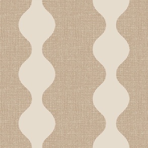 Neutral latte beige retro circle stripes on burlap crosshatch woven texture background