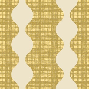 Mustard yellow retro circle stripes on burlap crosshatch woven texture background