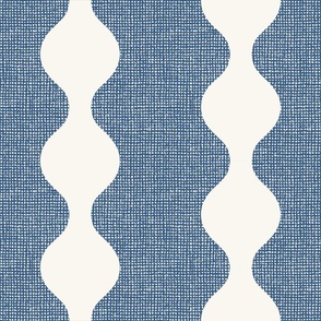 Indigo blue and white retro circle stripes on burlap crosshatch woven texture background