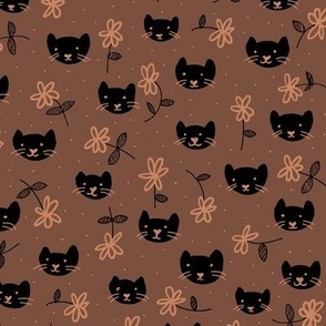 Cutesy halloween cats and flowers - Black cat and whiskers kids design orange chocolate brown autumn seventies palette