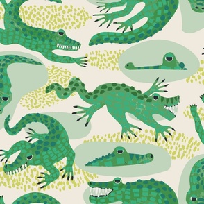 Jazz hand crocodiles (large half drop) - goofy green crocodiles playing about for this watercolor style design.