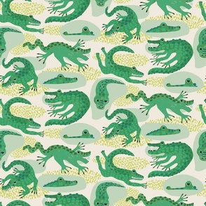 Jazz hand crocodiles (smaller half drop) - goofy green crocodiles playing about for this watercolor style design.