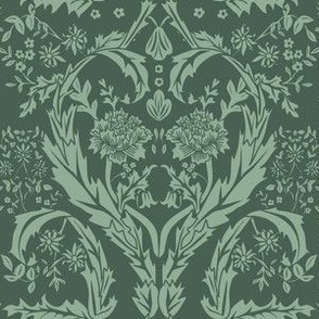 Victorian Floral Damask Block Print // Duo-Tone, Sage Green and Eucalyptus Green // Large Scale
