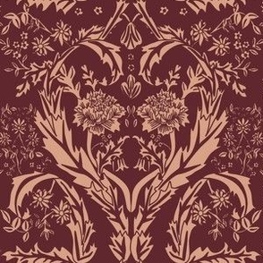 Victorian Floral Damask Block Print // Duo-Tone, Deep Burgundy Red and Warm Cream // Large Scale