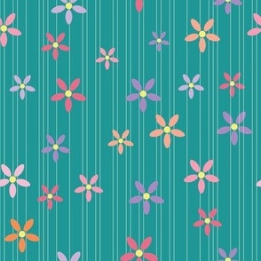 green background with cream vertical lines and colourful flowers pattern