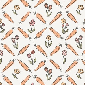 Cute Florals and Carrots, Spring and Summer, Orange, Cream, Pink, Small Scale