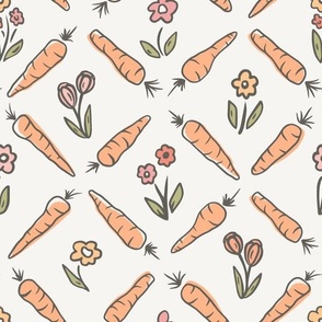 Cute Florals and Carrots, Spring and Summer, Orange, Cream, Pink, Large Scale