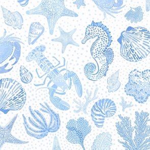 Large Under the sea - Blue and white - Beach life - Seahorses seahorse Sea Horse starfish shells seashells Seaweed lobster crab - Nautical Preppy - Coastal Sealife Sea Ocean Maritime - kids childrens nursery baby boy painterly