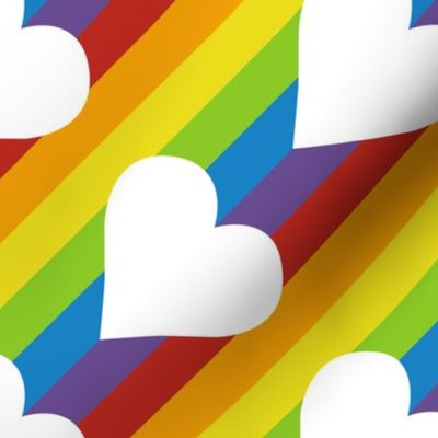 diagonal rainbow stripes with white hearts | small