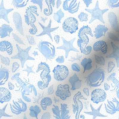 Small - Under the sea - Blue and white - Beach life - Seahorses seahorse Sea Horse starfish shells seashells Seaweed lobster crab - Nautical Preppy - Coastal Sealife Sea Ocean Maritime - kids childrens nursery baby boy painterly