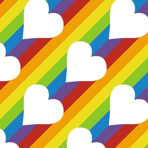 diagonal rainbow stripes with white hearts | medium