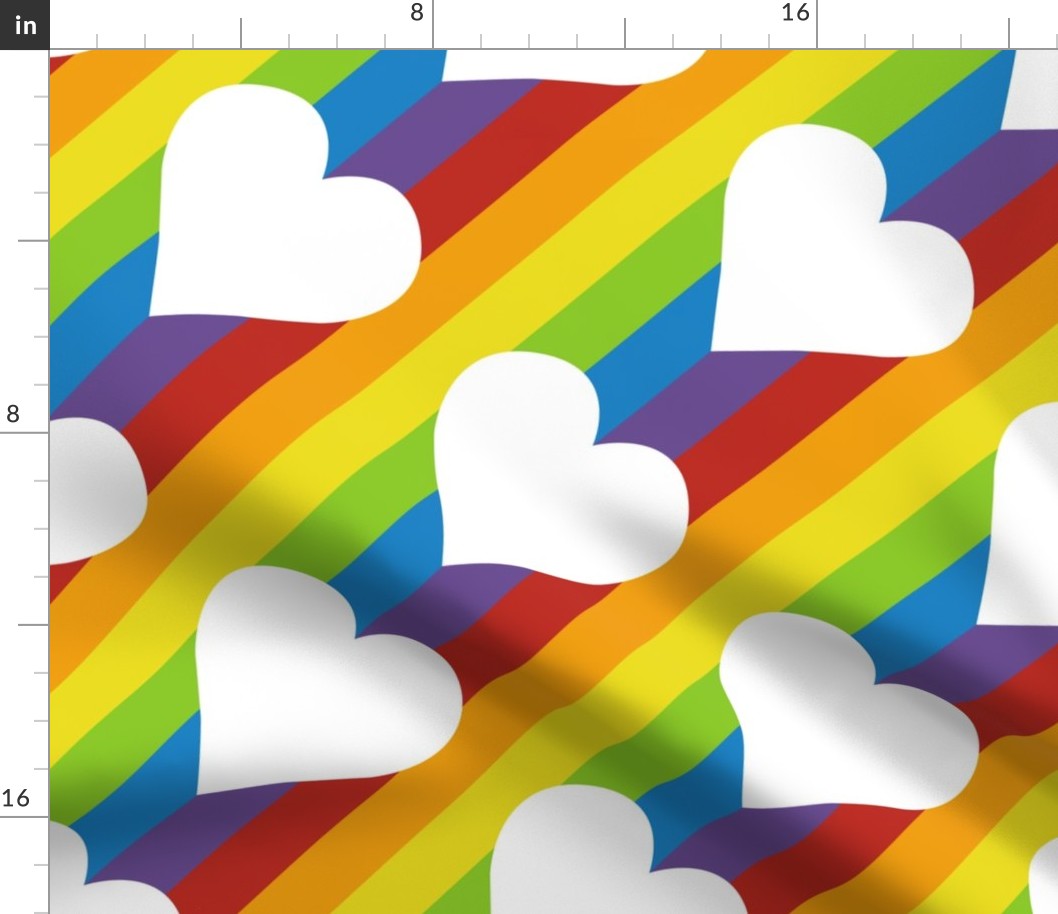 diagonal rainbow stripes with white hearts | medium