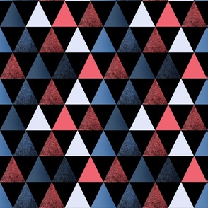 Geometric pattern. Red, blue, white triangles on a black background.
