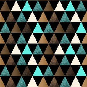 Geometric pattern. turquoise, beige, white triangles on a black background.  