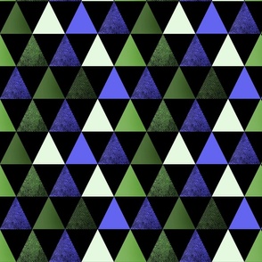 Geometric pattern.Lilac, green, white triangles on a black background. 