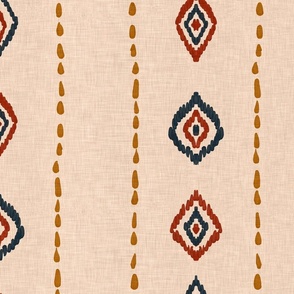 Organic woven blue and red diamonds and yellow dotted lines on natural linen