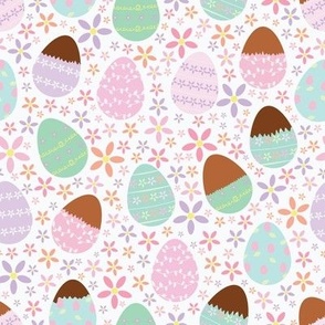 white background with pastel easter eggs and flowers