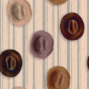 Brown leather Cowboy hats hanging on a blue striped wall