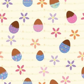 yellow squiggly background with chocolate easter eggs and flowers