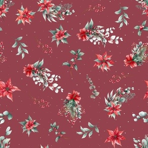 Dark pink holiday poinsettia christmas fabric red florals with sage evergreen botalical holiday
