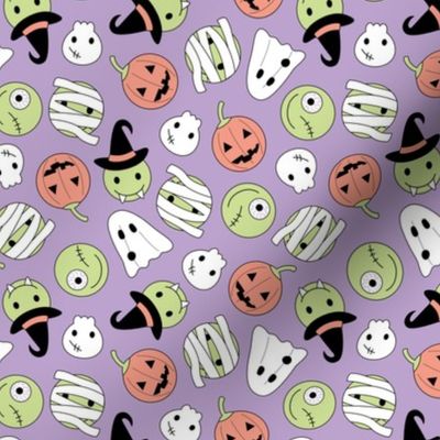 Halloween cutesy monsters - zombie pumpkins ghosts and witches on lilac