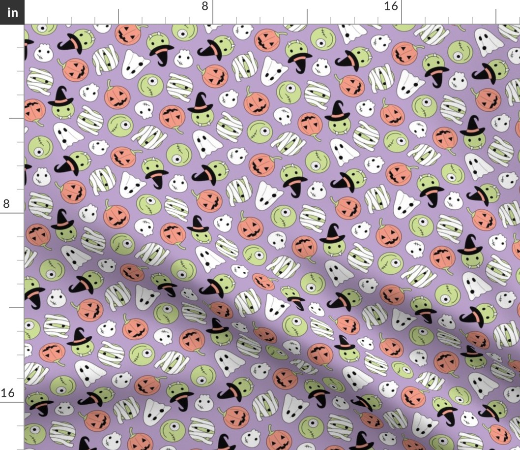 Halloween cutesy monsters - zombie pumpkins ghosts and witches on lilac