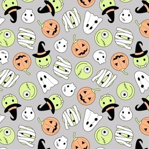 Halloween cutesy monsters - zombie pumpkins ghosts and witches on gray